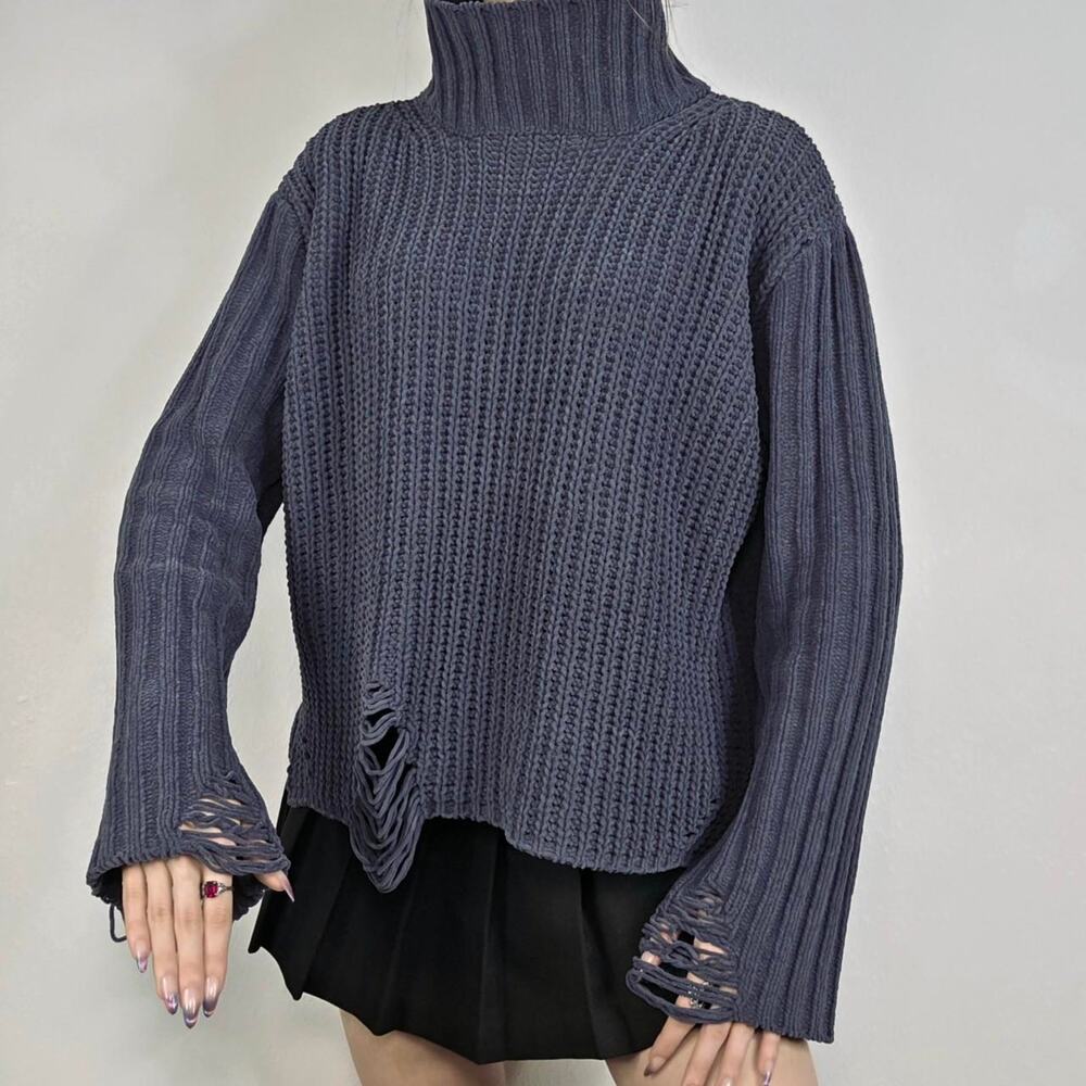 POL Distressed Chunky Knit Mock Neck Sweater Whimsigoth Grunge Chenille Small